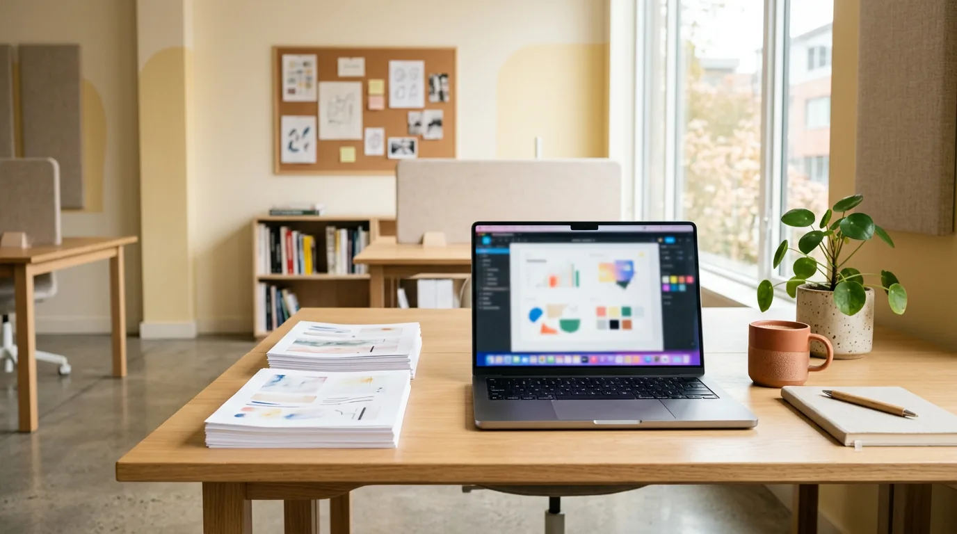 Arbeitsplatz mit Unterlagen und digitalem Entwurf, Redaktion nearusagecanvas.info, 1200x900 Pixel