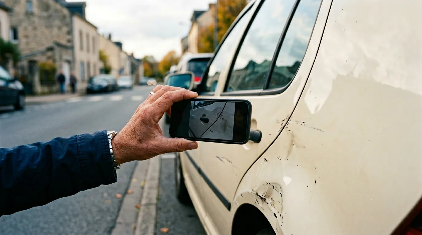 Fahrzeugdetail und Smartphone zur Schadendokumentation am Straßenrand, 1200x800 Pixel